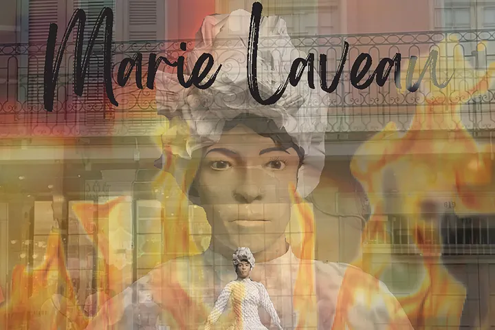 Overlay of a woman in historical attire with flames and building, text reads 'Marie Laveau'.