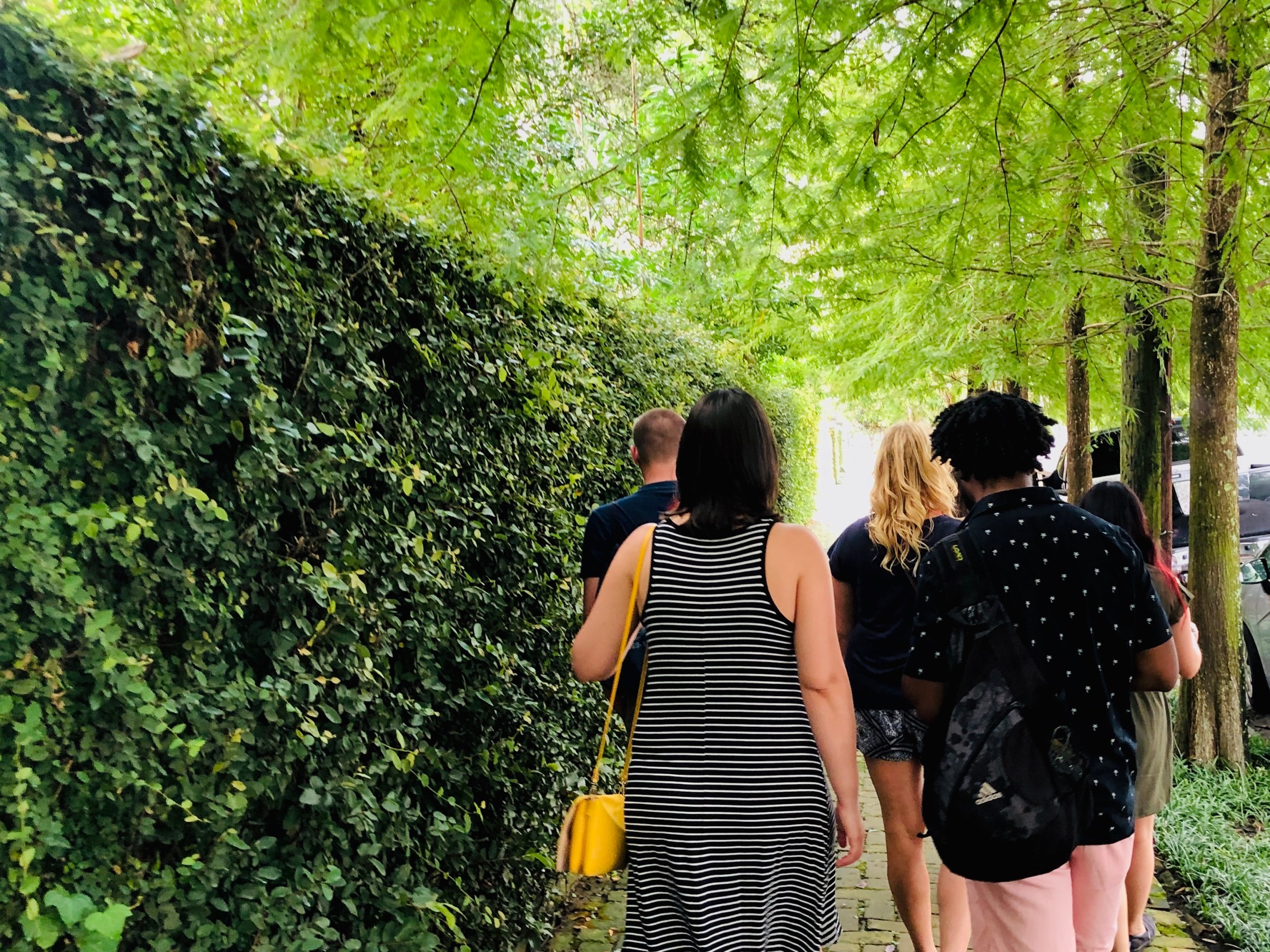 a woman standing next to a forest
