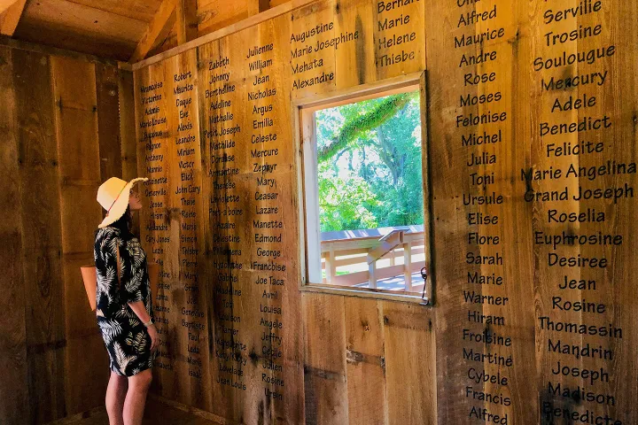 Woman in a hat observes names on wooden walls inside a rustic room with a window view of trees.