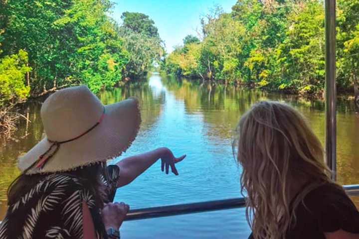 Two people on a boat, one pointing, looking at a river surrounded by lush green trees.