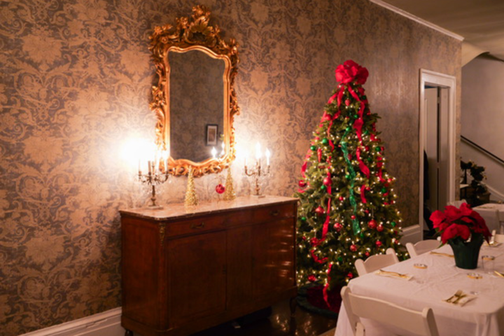 Decorated Christmas tree and ornate mirror in a cozy room.