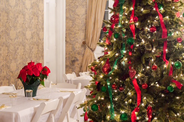 Decorated Christmas tree with red ribbons in a festive dining room.