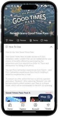Smartphone displaying a New Orleans Good Times Pass app with options and instructions.