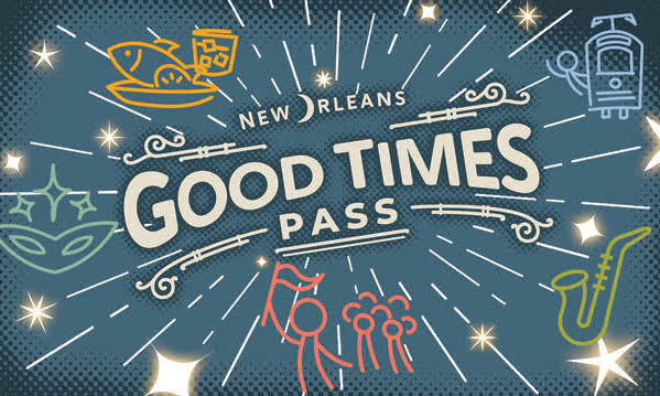 Illustration with New Orleans Good Times Pass text, mask, food, saxophone, and tram icons on a starry background.