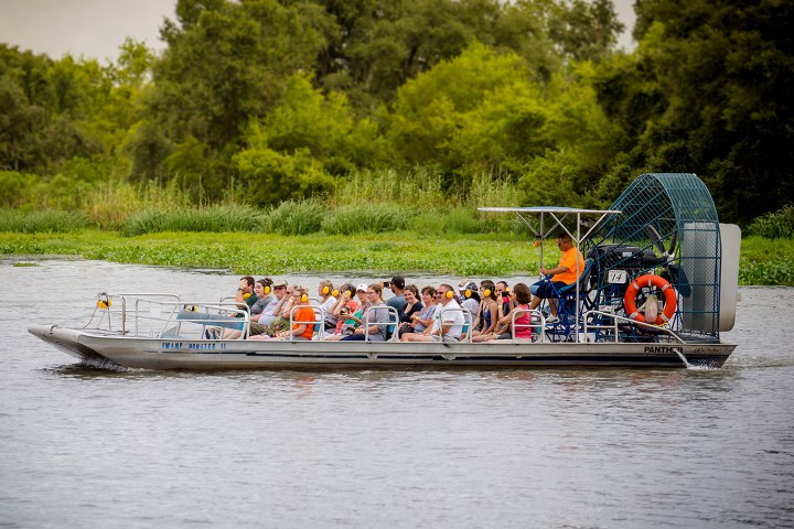Airboat filled with people glides on a river surrounded by greenery.