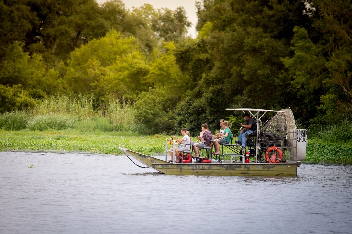 People on an airboat ride on a river amidst lush greenery.
